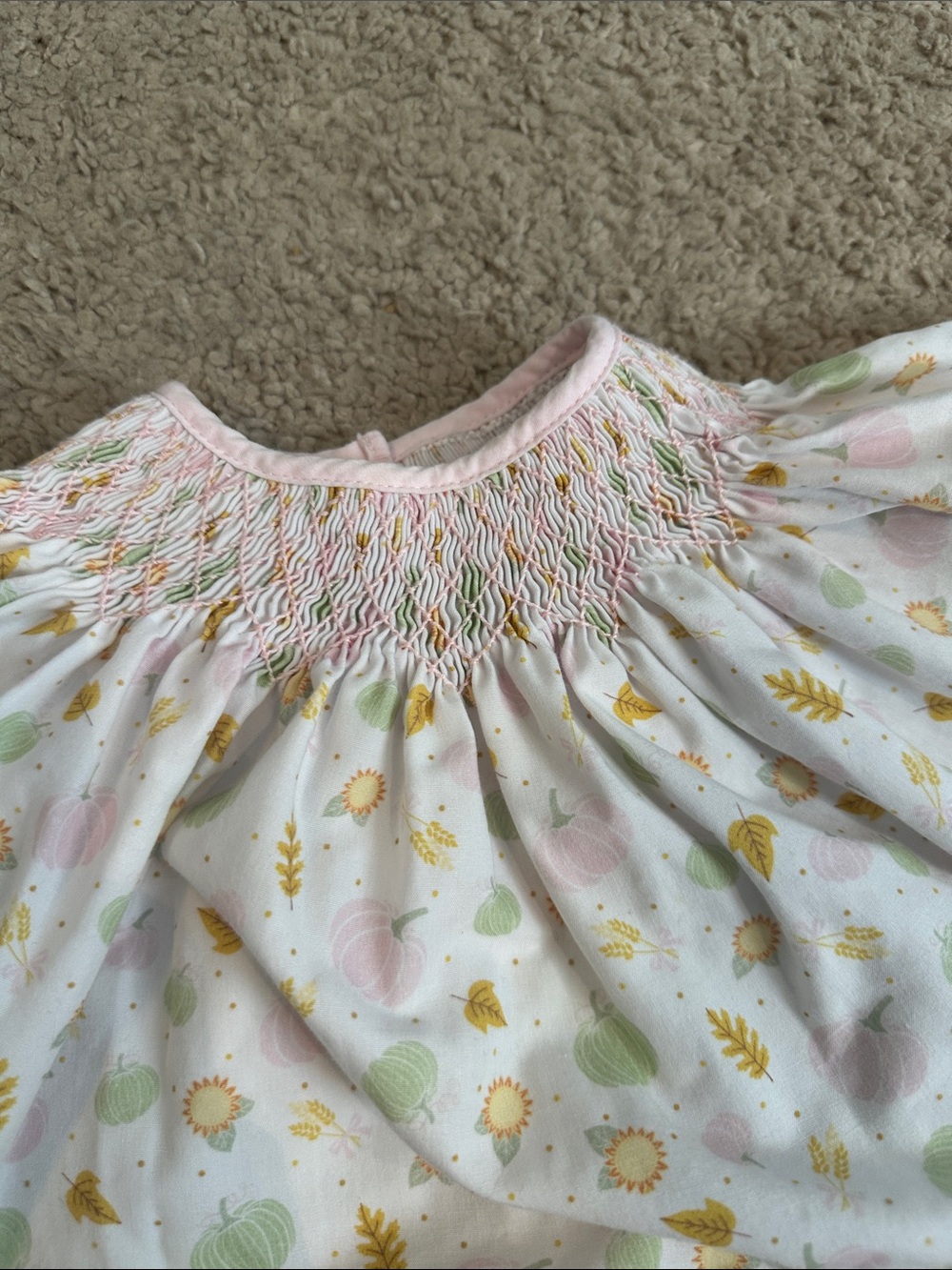 Lullaby set Baby Girl Two-Piece Smocked Top and Bloomers - Pastel Pumpkin Print - Picture 3 of 9